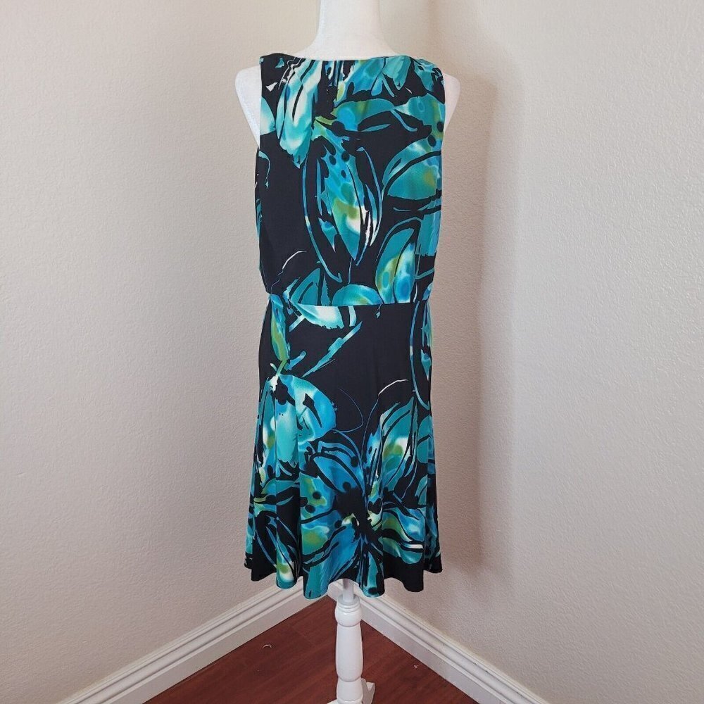 Jones New York Cowl Neck Blouson Blue/Black Floral Knee Length Dress Size 6 - Picture 7 of 11